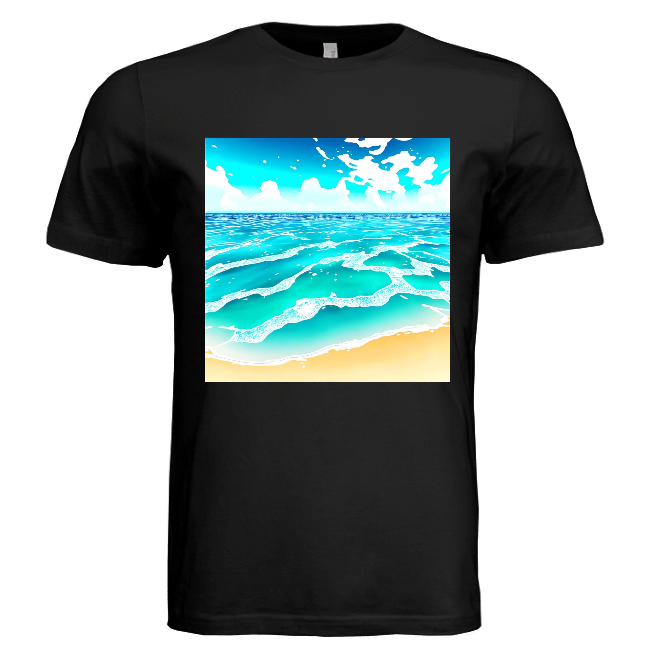 Close-up of the Beach Life T-Shirt's relaxed fit black fabric showing subtle textured weave and rolled sleeve detail from a