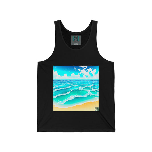 This is the Black Beach Life Jersey Tank by Lee Hansheng Studios. This comes in sizes XS-2XL. The front of the shirt has an illustration that is squared. The foreground has sand and the studio logo on the right corner outlined in blue. The waves are crashing into the sand with fluffly clouds in the back. There are mixes of blue, light blue, white, orange and tan colors. On the inside of the shirt is the size label on a grey background, sizes are in white and the studio logo above it.