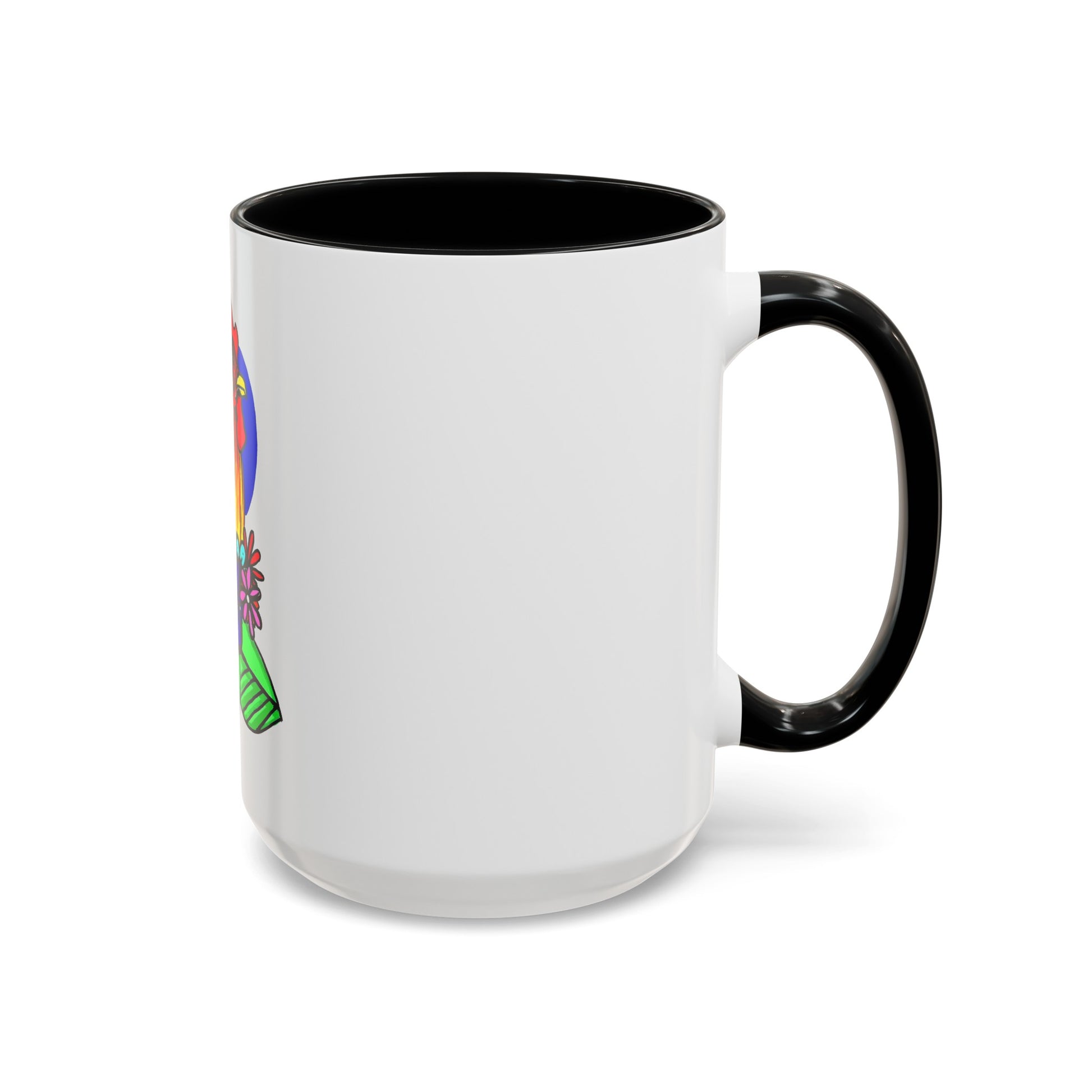 This it the Black 15 oz Cock Accent Coffee Mug by Storm Garden Studio. This image showcases the back of the mug with the handle to the right. The handles are color matched. A bit of the illustration can be seen from the right with a bright green, orange and blue. It is against a white background. 