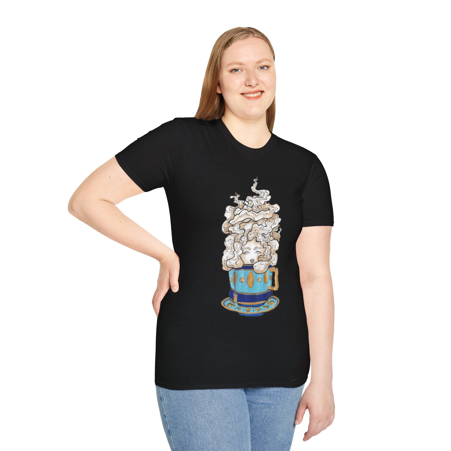 This is the Black Earl Grey Softstyle T-Shirt by Chris Foster Design. It comes in sizes XS-5XL. The illustration is of a gold, light blue and dark blue teacup with a tan, yellow and white steam. The steam is swirly and goes up and outwards. In the middle is a lady's face. A smiling lady facing the front with her head tilted slightly to the left, hair behind shoulders, right hand on waist, other hand hanging naturally and is wearing dark jeans and the designed t-shirt. 