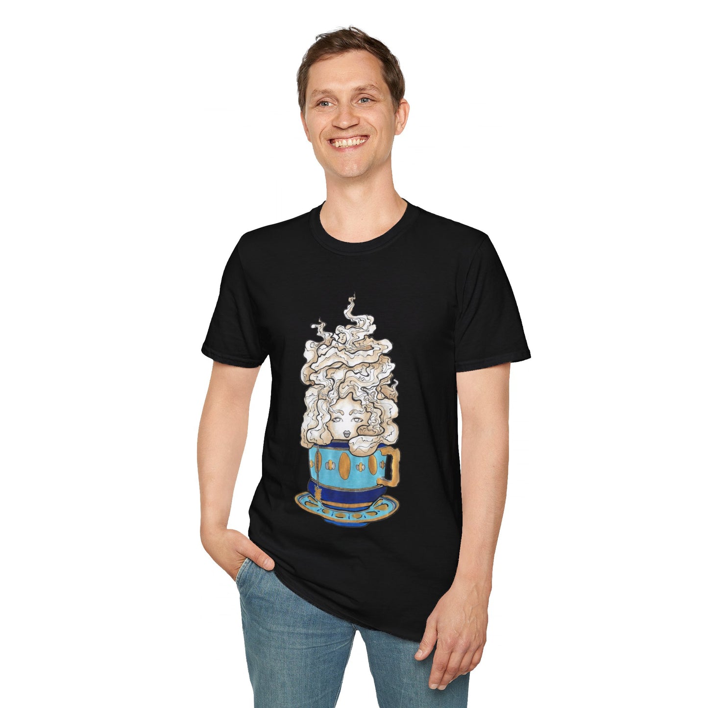 This is the Black Earl Grey Softstyle T-Shirt by Chris Foster Design. It comes in sizes XS-5XL. The illustration is of a gold, light blue and dark blue teacup with a tan, yellow and white steam. The steam is swirly and goes up and outwards. In the middle is a lady's face. A smiling man has his right hand in the jean pocket wearing the shirt and the other hand by his side. He is slightly looking to the left while standing against a white background.