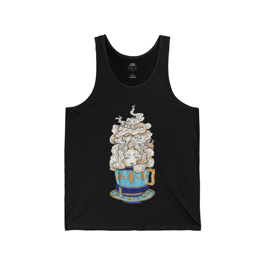 This is the Black Earl Grey Tank by Chris Foster Design. This showcases the front of the tank. The illustration is of a gold, light blue and dark blue teacup with a tan, yellow and white steam. The steam is swirly and goes up and outwards. In the middle is a lady's face. The circular studio logo is on the inside of the tank printed in white, the size label is printed in white. It is against a white background.