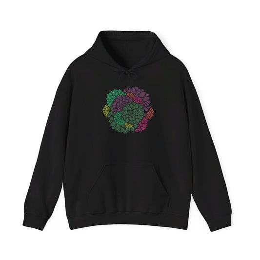 This is the Black Echeveria In Bloom Hoodie by Chris Foster Design. It comes in sizes S-5XL and this shows the front. The drawstring is tied in a bow and color matched. The illustration is near the upper chest. The illustration is one whole flower bloomed in multiple colors. The colors are green, dark green, yellow, orange, red and purple. There is a kangaroo pocket, hemming on the wrists and waists. The hoodie is against a white background.