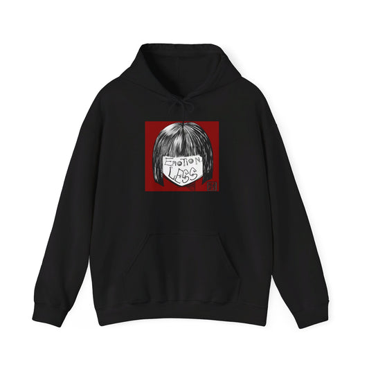 This is the Black Emotionless Heavy Blend Hoodie by Lee Hansheng Studios. This is the image of the front, drawstring in a bowtie that is colormatched. The illustration is squared in the middle, a black haired girl with bangs and her white face has the words, "Emotionless". Behind her is a red background and on the right of the illustration is the Lee Hansheng Studios logo outlined in blue. There is a kangaroo pocket, hemming on the waists and hoodie. The image is against a white background.