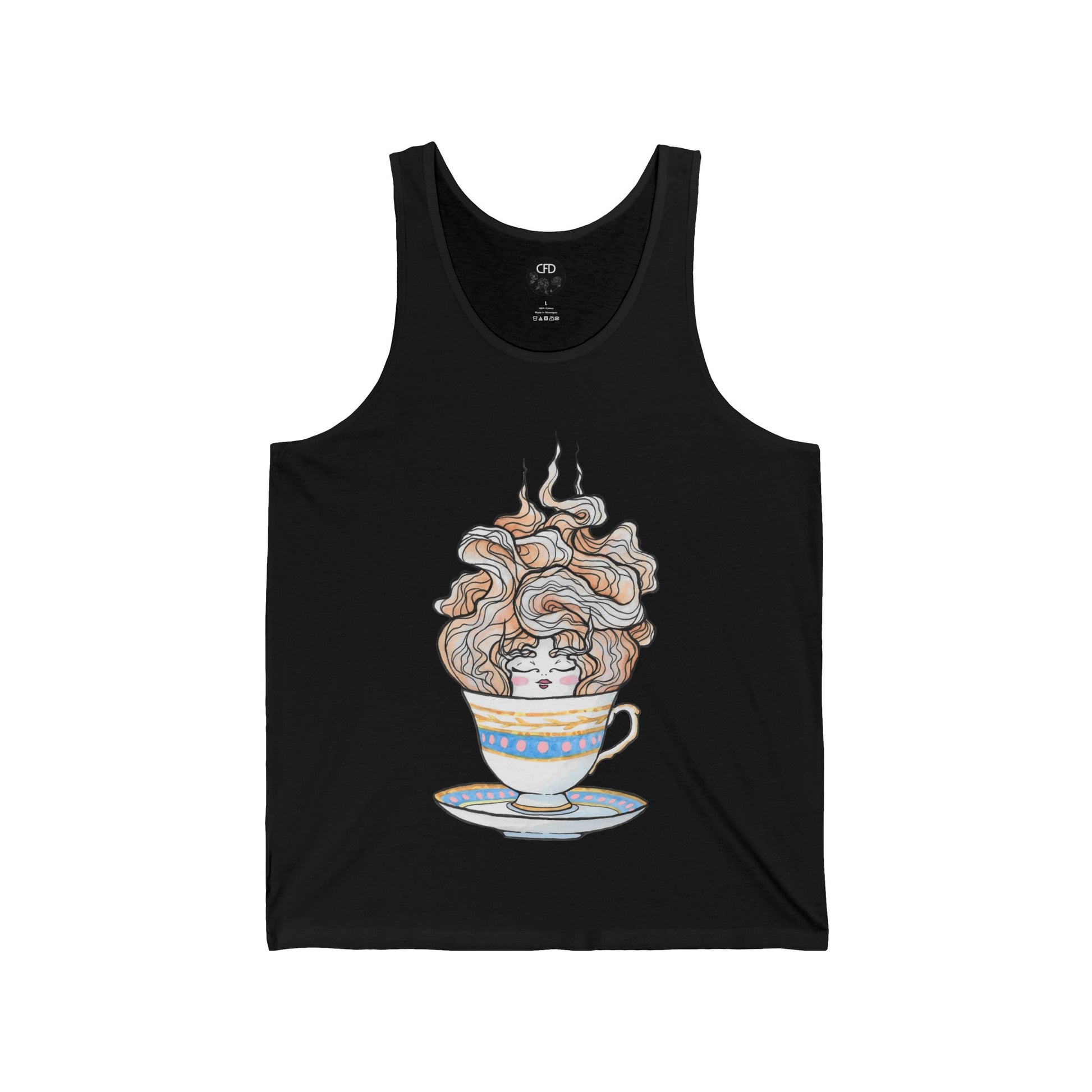 This is the Black English Breakfast Tea Tank by Chris Foster Design. It comes in sizes XS-2XL. This is an image of the front with a circular CFD logo in white lettering and black background. The size label is below the logo in white. A teacup that is light blue, yellow and white with light pink, white and red steam that is going upwards. There is a lady's face in the middle and beginning of the teacup with her eyes closed, red lips, blushing pink cheeks. and eyebrows that go upward. 