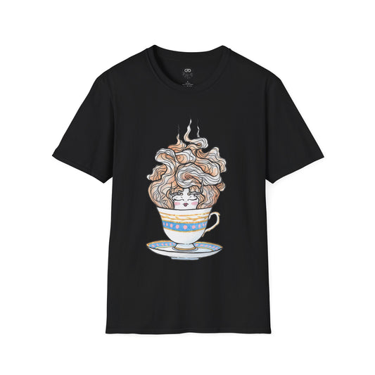 This is the Black English Breakfast Tea T-Shirt by Chris Foster Design. It comes in sizes XS-5XL. This is an image of the front with a circular CFD logo in white lettering and black background. The size label is below the logo in black. A teacup that is light blue, yellow and white with light pink, white and red steam that is going upwards. There is a lady's face in the middle and beginning of the teacup with her eyes closed, red lips, blushing pink cheeks. and eyebrows that go upward. 