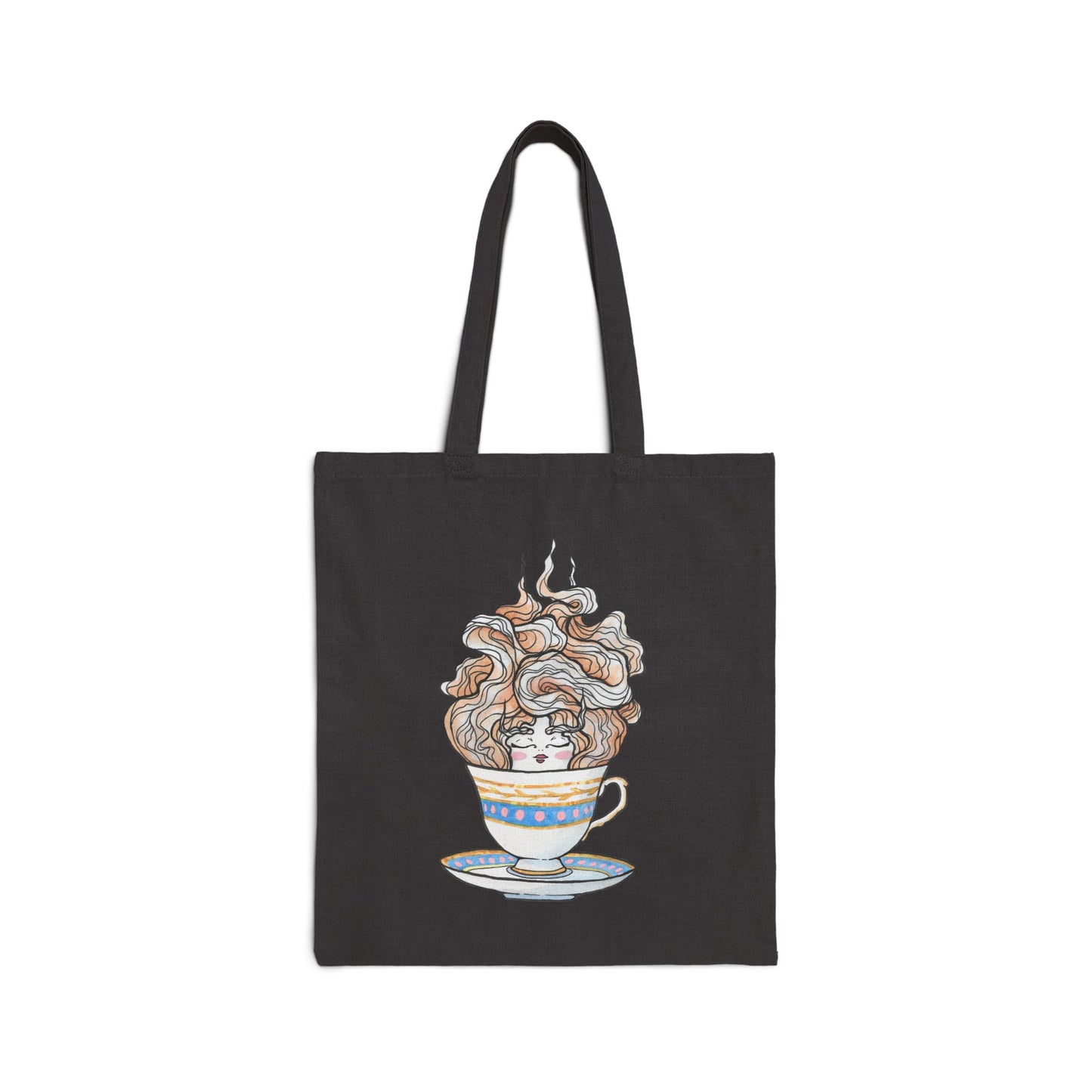 This is the Black 15" x 16" English Breakfast Tea Canvas Tote Bag by Chris Foster Design. The illustration is a teacup that is light blue, yellow and white with light pink, white and red steam that is going upwards. There is a lady's face in the middle and beginning of the teacup with her eyes closed, red lips, blushing pink cheeks. and eyebrows that go upward. The tote is against a white background.