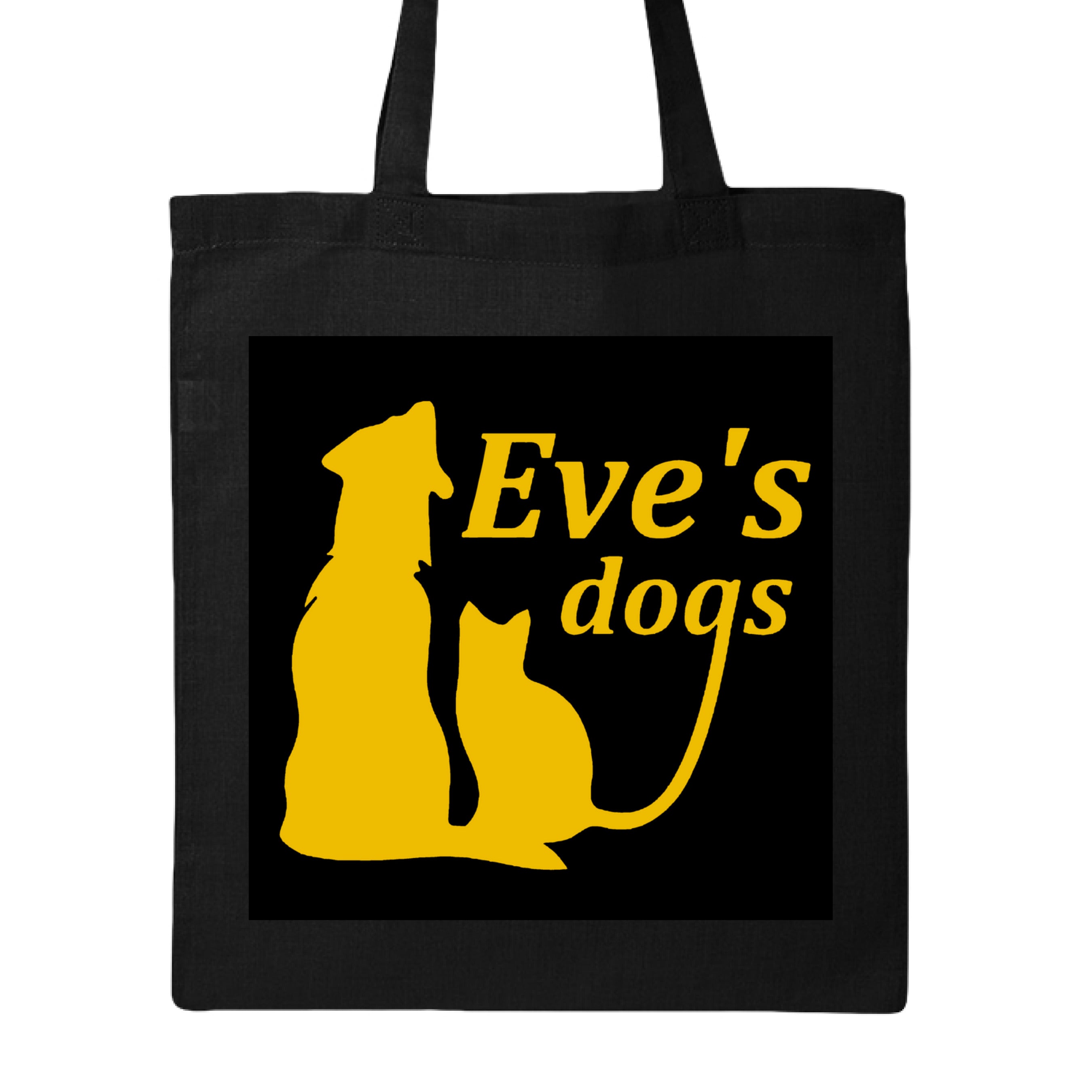 Diagonal view of the canvas tote's exterior displaying vibrant "Adopt Eves Dogs" printed logo and sturdy brown handles