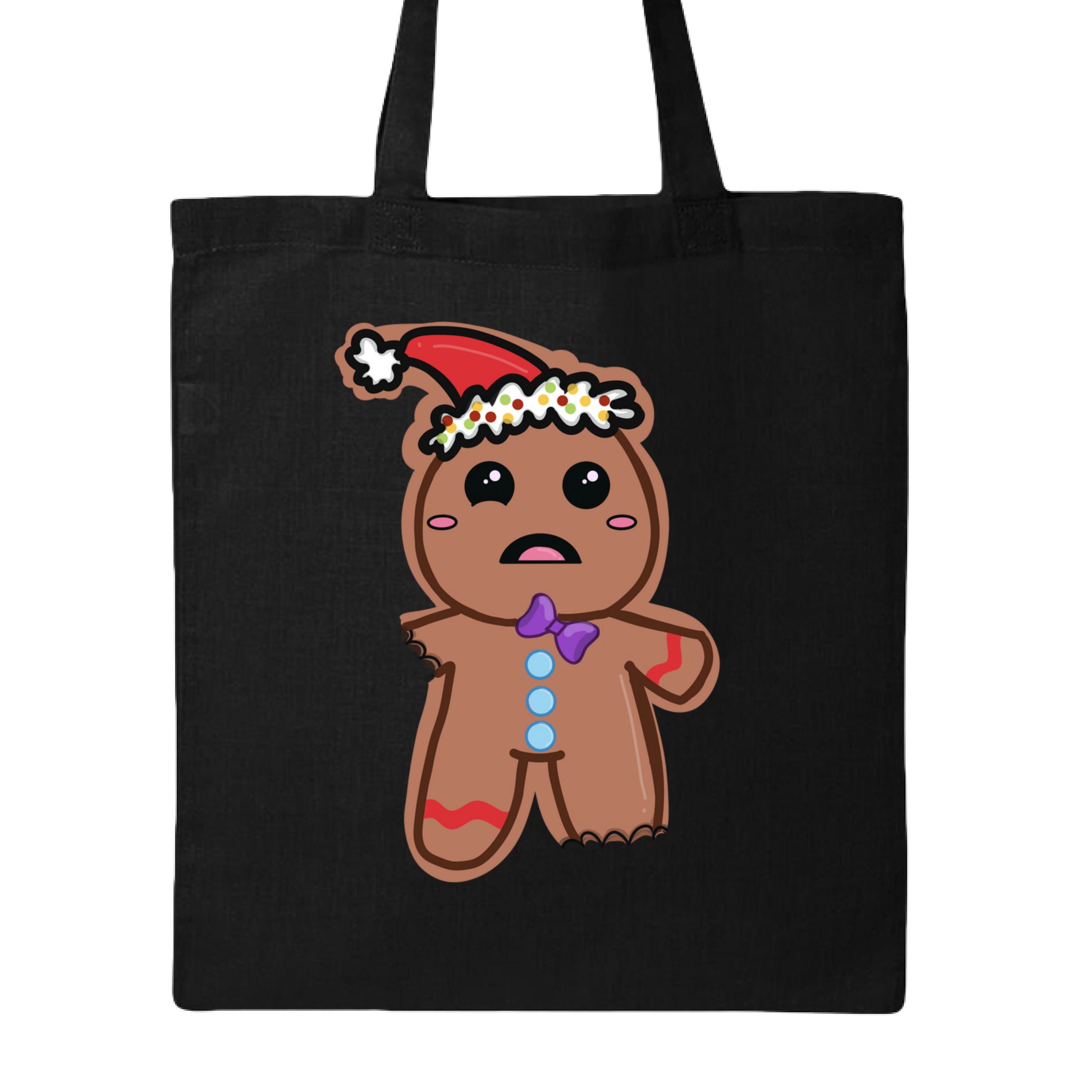 Close-up of the Ginger Bread, Ginger Dead tote bag displaying textured canvas surface and vibrant printed design from a top