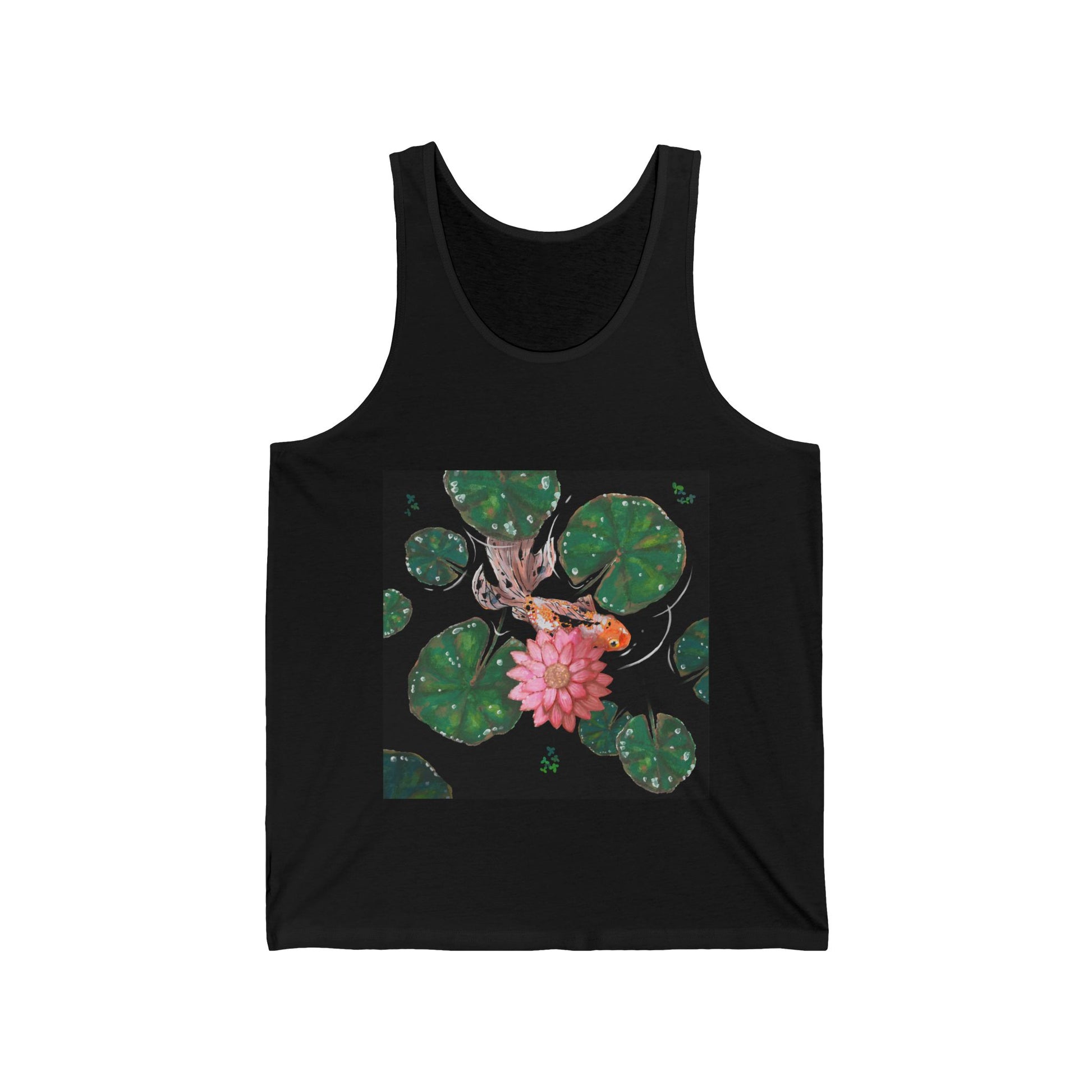 This is the Black Goldfish Jersey Tank by Chris Foster Designs. It comes in sizes XS-2XL. This is the front of the tank. The illustration is squared, the background is black, nine dark or light green lily pads, small foliage, one orange, white and black goldfish and a pink blooming flower. The tank is against a white background. 