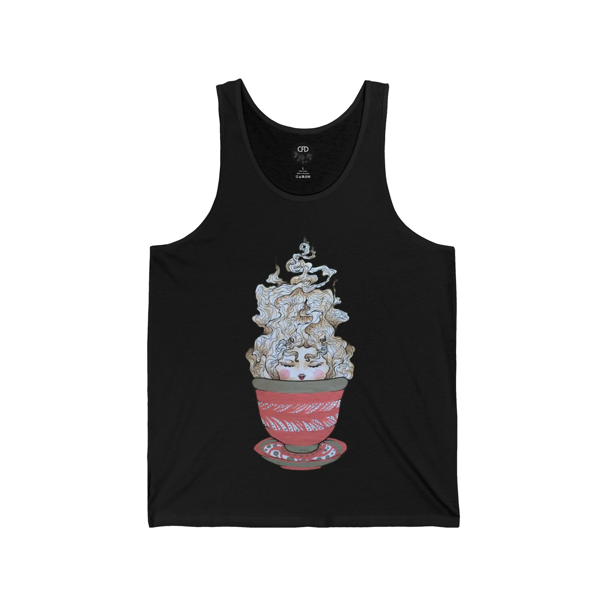 This is the Black Green Tea Tank by Chris Foster Design. It comes in sizes XS-2XL and shows the front of the shirt. The illustration is a red,white and dark green teacup with plate set. The mist from the teacup is white and red going upwards. There is a lady face in the middle of the teacup with red blushing cheeks, red open lips and eyebrows that float outwards. On the inside of the shirt is the CFD black circular logo with flowers and print in white. The size label beneath logo is printed in black.