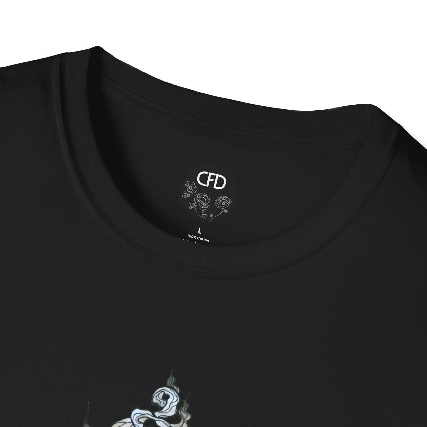 This is the Black Green Tea T-Shirt by Chris Foster Design.It comes in sizes XS-5XL. This image shows a close up of the front. There is the collar with CFD circular logo with flowers, has a black background and printed in white inside the shirt. The size label is printed in black. Below there is a bit of the illustration, some of the steam of the tea cup is shown in white and light blue. The shirt is against a white background.