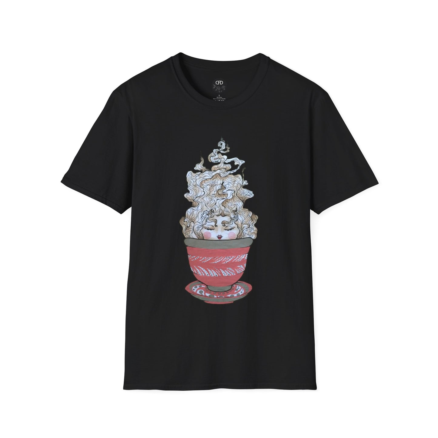 This is the Black Green Tea T-Shirt by Chris Foster Design.It comes in sizes XS-5XL. A red,white and dark green teacup with plate set. The mist from the teacup is white and red going upwards. There is a lady face in the middle of the teacup with red blushing cheeks, red open lips and eyebrows that float outwards. This is against a white background.