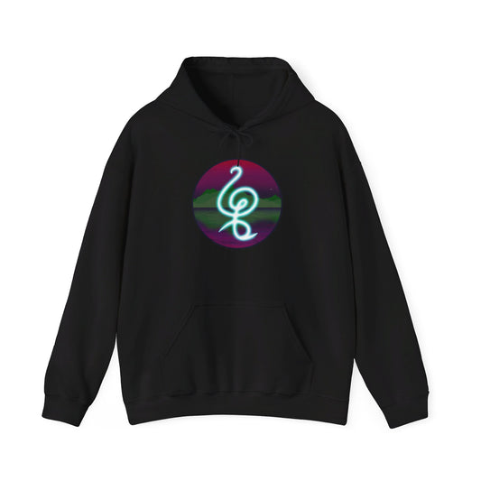 This is the Black Hakuna Matata Unisex Heavy Blend Hooded Sweatshirt by Lee Hansheng Studios. This is the image of it from the front.This comes in sizes S- 5XL. The drawstring is color matched and tied. This illustration is an oval image on with the "There are no worries" in Swahili and bright light blue.Behind the symbol is a landscape with dark green mountains, reflected in the water,clear pink/purple sky with a couple of stars.The illustration is on the upper back and the studio logo is below it.