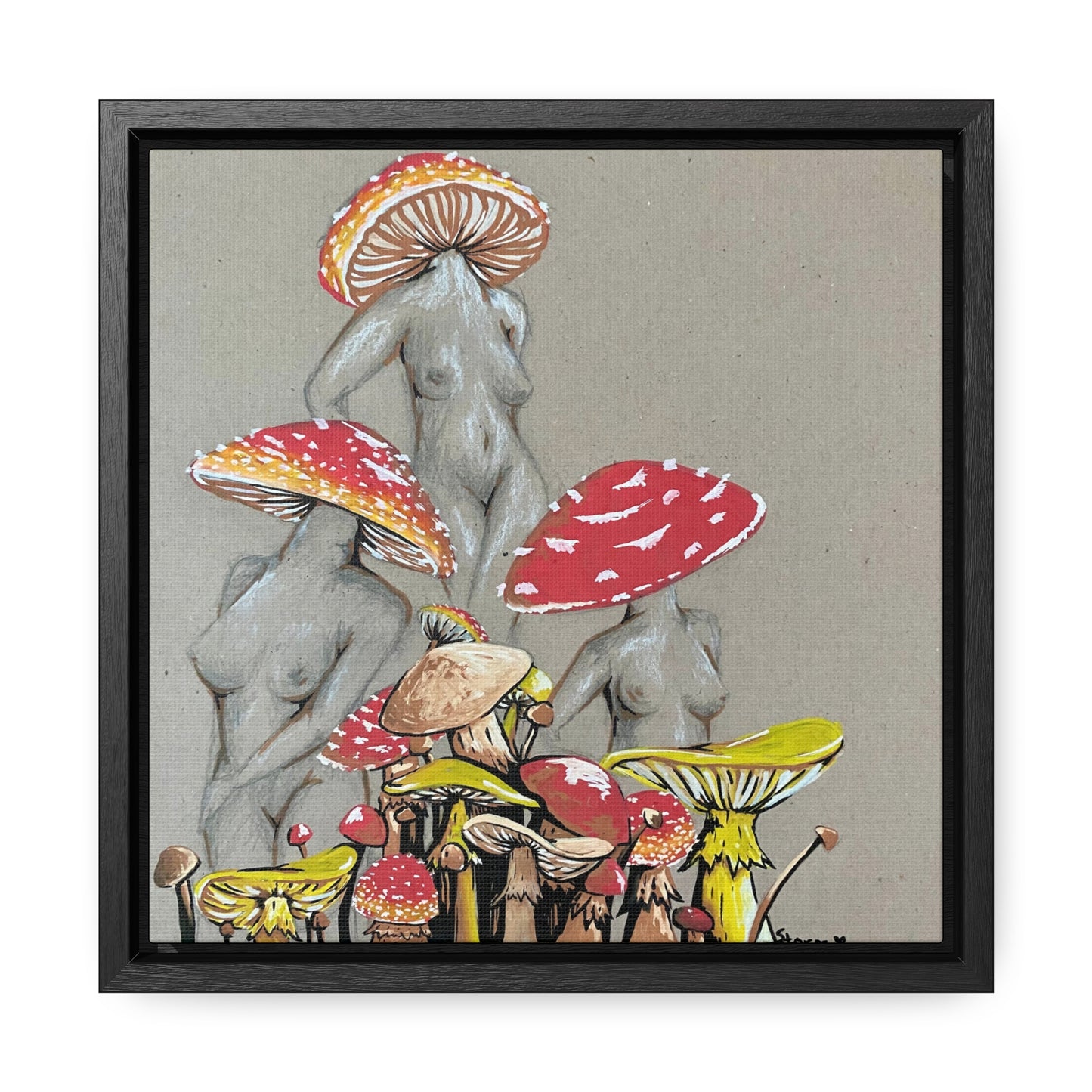 This is the 10" x 10" Miss Amanita Gallery Canvas Wrap with Black Square Frame by Storm Garden Studio. The depth of the frame is 1.25". The image shows the canvas flat on a white wall. This is an illustration of three mushroom headed nude women. The foreground has assorted mushrooms in different sizes. The women are positioned in a triangle shape. The colors range from yellow, orange and red. Each of the bodies are shaded in white, black or grey and match the background of the illustration. 