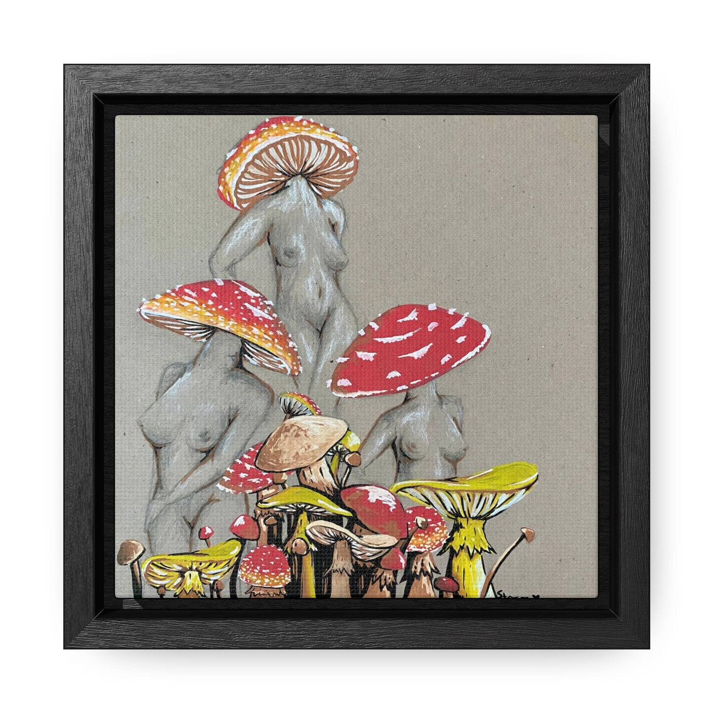 This is the 6" x 6" Miss Amanita Gallery Canvas Wrap with Black Square Frame by Storm Garden Studio. The depth of the frame is 1.25". The image shows the canvas flat on a white wall. This is an illustration of three mushroom headed nude women. The foreground has assorted mushrooms in different sizes. The women are positioned in a triangle shape. The colors range from yellow, orange and red. Each of the bodies are shaded in white, black or grey and match the background of the illustration. 