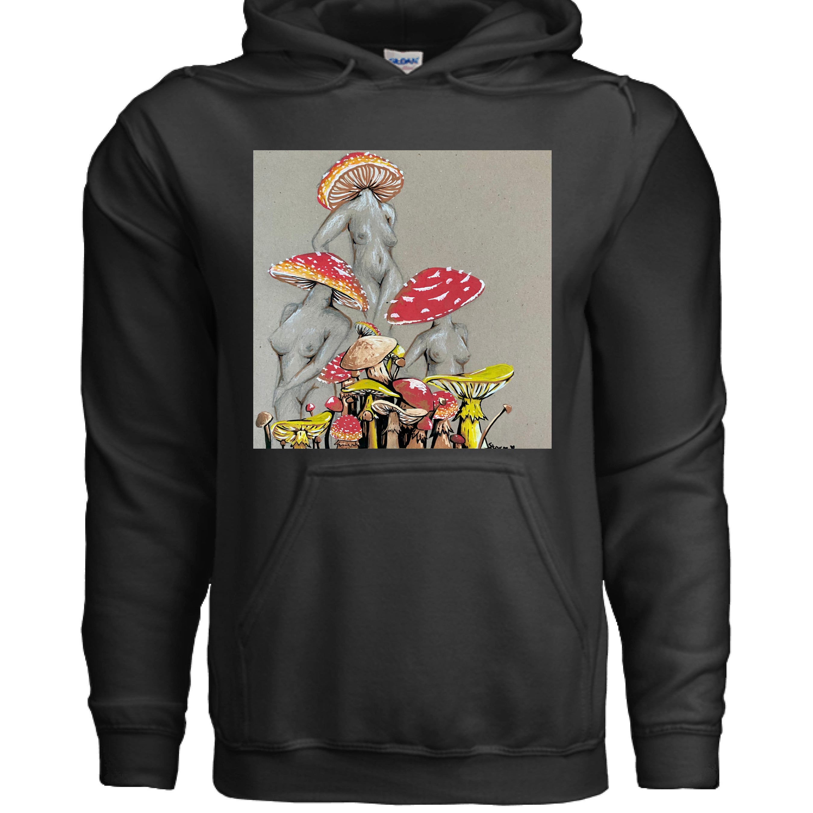 Close-up of the Miss Amanita hoodie’s chest logo embroidered on soft, relaxed-fit charcoal gray cotton fabric with subtle