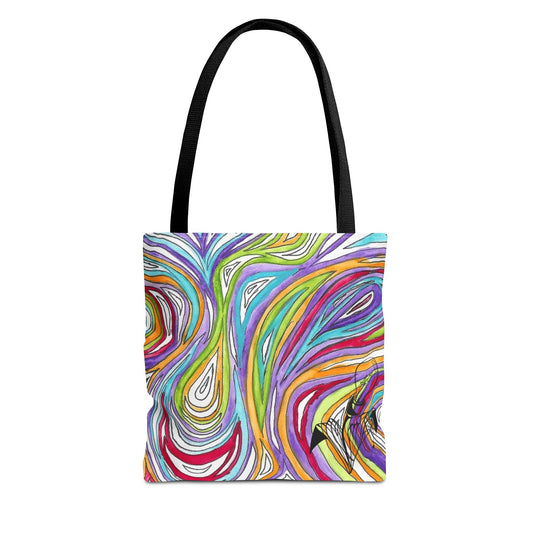 This is the Black 13" x 13" Oil Spill Tote Bag by Storm Garden Studio. The tote has color matched straps, abstract colors and line work, all over print. The colors are lime green, orange, light blue, dark red, purple, white and black. Storm Garden Studio logo printed in black on bottom right of tote bag. The tote is against a white background.