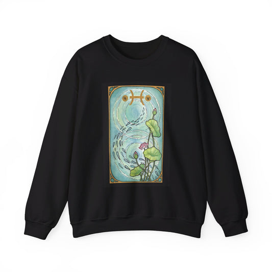 This is the Black Pisces Sweatshirt by Chris Foster Design that comes in sizes S-3XL and illustration starts from the upper chest till below the belly button. This is an image of the front of the sweatshirt. Designed like a tarot card with a gold intricate border and pisces symbol. In the background a pond that has two circular ripples, the right side has the lily flowers growing upwards with two green leaves, one blooming pink flower, two buds, and a green trail of seeds. 