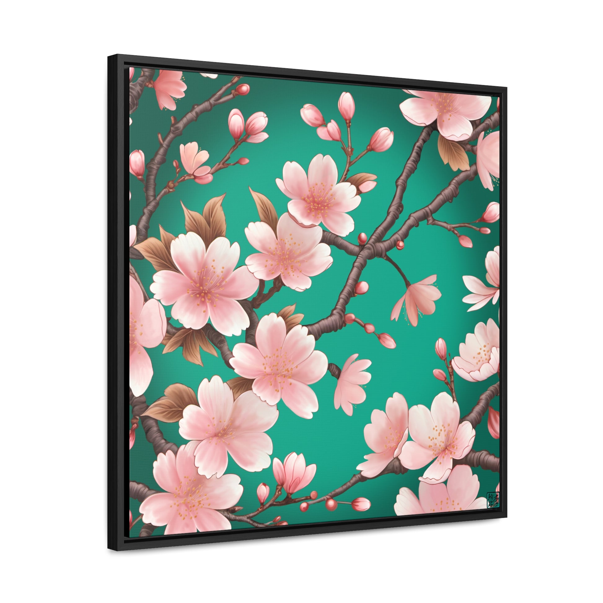 This is the Black 24" x 24" Sakura Gallery Canvas Wrap by Lee Hansheng Studios. The illustration has a blue/teal background, 3-4 thin dark wood branches with pink/light pink buds on each stem. There are blooming and already flowered sakuras on each branch. This is an image of the canvas wrap slightly angled to see the illustration and depth of 1.25" of the frame and canvas. The studio's logo is on the bottom right printed in black outlined in blue. It is against a white background.