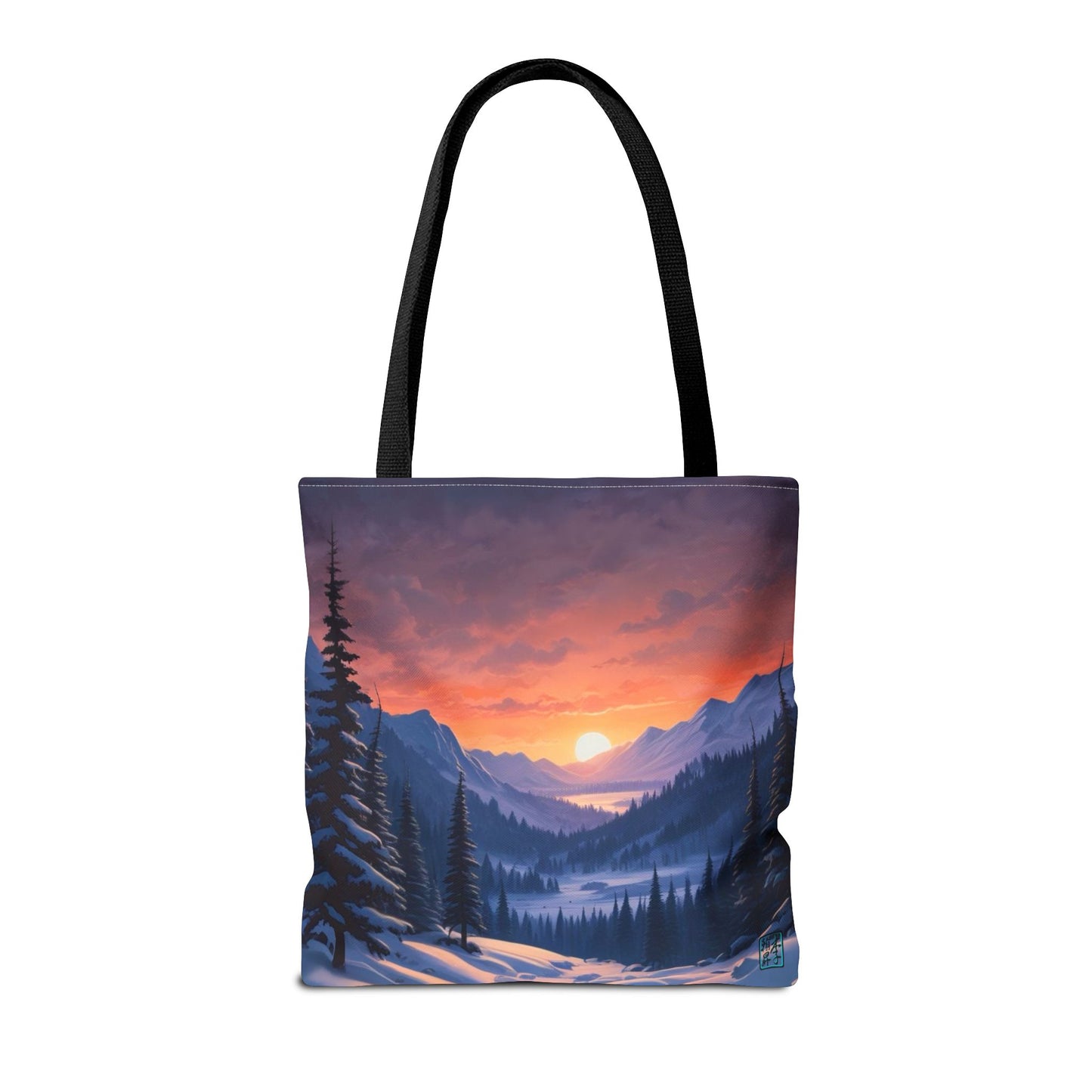 The Black 16" x 16" Snow Valley Tote Bag has color matched handles and all around print. The tote is against a white background.The design by Lee Hansheng Studios showcases a snowy hill/mountain area with large pine trees on both sides continuing into the horizon. The sun rises past the horizon consisting of yellow,orange,red hues illuminating onto wispy clouds,snowy field, mountains and dark green pine trees. 