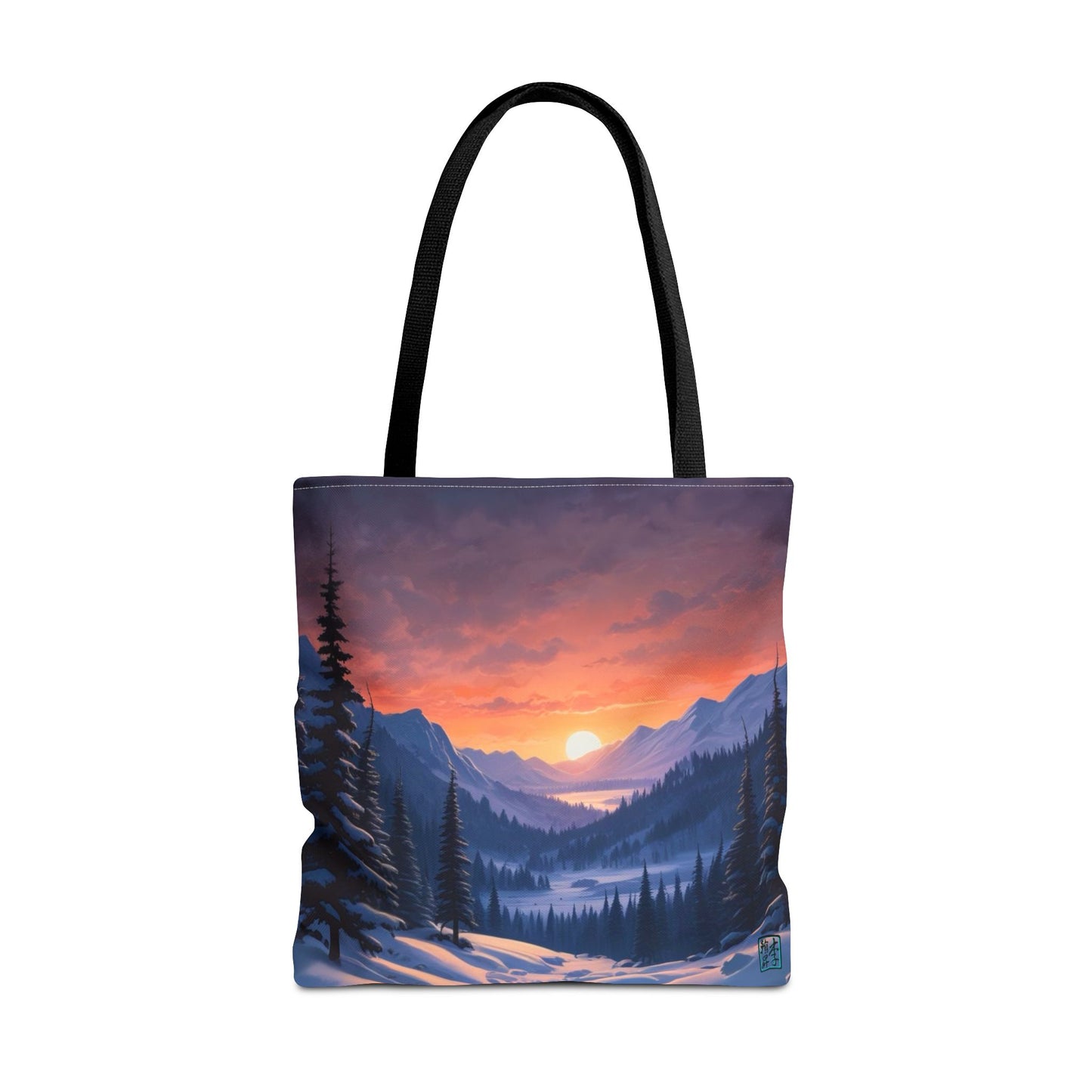 The Black 18" x 18" Snow Valley Tote Bag has color matched handles and all around print. The tote is against a white background.The design by Lee Hansheng Studios showcases a snowy hill/mountain area with large pine trees on both sides continuing into the horizon. The sun rises past the horizon consisting of yellow,orange,red hues illuminating onto wispy clouds,snowy field, mountains and dark green pine trees. 