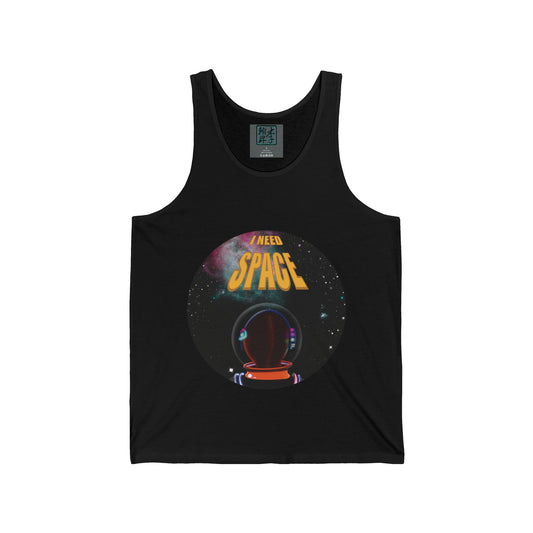 This is the Black I NEED SPACE Jersey Tank by Lee Hansheng Studios. It comes in sizes XS-2XL. This is the front of the tank with a round illustration, yellow writing that says "I NEED SPACE", a starry sky that is black, a nebula colored blue and pink, white stars spread throughout and an astronaut wearing an orange jumpsuit staring at the stars and letters. The tank is against a white background.