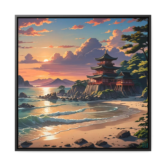 This is the Black 24" x 24" Temple of Peace Canvas Wrap with 1.25" depth square frame by Lee Hansheng Studios. The illustration shows a setting red/orange sun above clouds, two blue roof, brown/red walled temples on the right on top of the hills, mountains, blue/white waves into sand and a forest to the right. On the bottom right corner is the logo printed in black for the studio and outlined in blue. The canvas is facing the front and is against a whtie background.