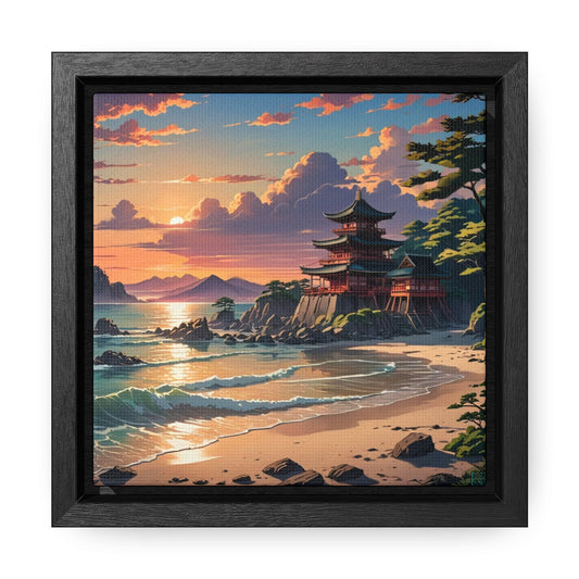 This is the Black 6" x 6" Temple of Peace Canvas Wrap with 1.25" depth square frame by Lee Hansheng Studios. The illustration shows a setting red/orange sun above clouds, two blue roof, brown/red walled temples on the right on top of the hills, mountains, blue/white waves into sand and a forest to the right. On the bottom right corner is the logo printed in black for the studio and outlined in blue. The canvas is facing the front and is against a whtie background.