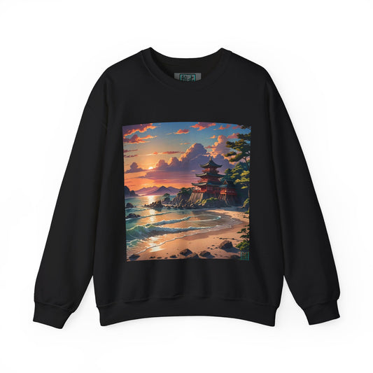 This is the Black Temple of Peace Sweatshirt by Lee Hansheng Studios. It comes in sizes S-5XL. The image showcases the front of the shirt. The illustration shows a setting red/orange sun above clouds,two blue roof,brown/red walled temples on the right on top of the hills,mountains,blue/white waves into sand and a forest to the right.On the bottom right corner is the logo printed in black for the studio and outlined in blue. On the inside of the sweatshirt there is the studio logo.