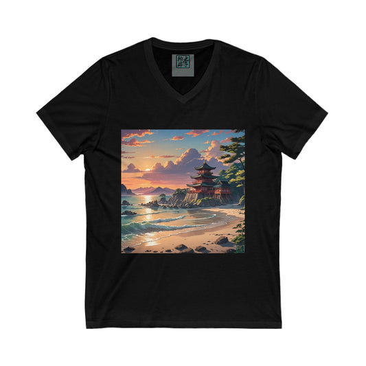 This is the Black Temple of Peace V-Neck T-Shirt by Lee Hansheng Studios in sizes S-2XL.This showcases the front of the t-shirt.The inside of the shirt there is the studio's logo on a gray backing and size label.The illustration shows a setting red/orange sun above clouds,two blue roof,brown/red walled temples on the right on top of the hills,mountains,blue/white waves into sand and a forest to the right.Bottom right corner is the logo printed in black for the studio and outlined in blue.