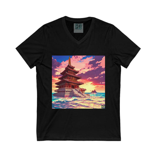 This is the Black Temple on the Sea V-Neck Tee by Lee Hansheng Studios.This is an image of the front of the t-shirt.The illustration has a temple with 4 stories on the left surround by crashing waves of the sea,mountains on the right in the background.There is a little bit of the sunset peeking through behind the temple.The colors are a mix of blues, pinks, reds and yellows.Inside of the shirt has the grey label with the studio's logo printed in black outlined in blue, sizes printed in white.