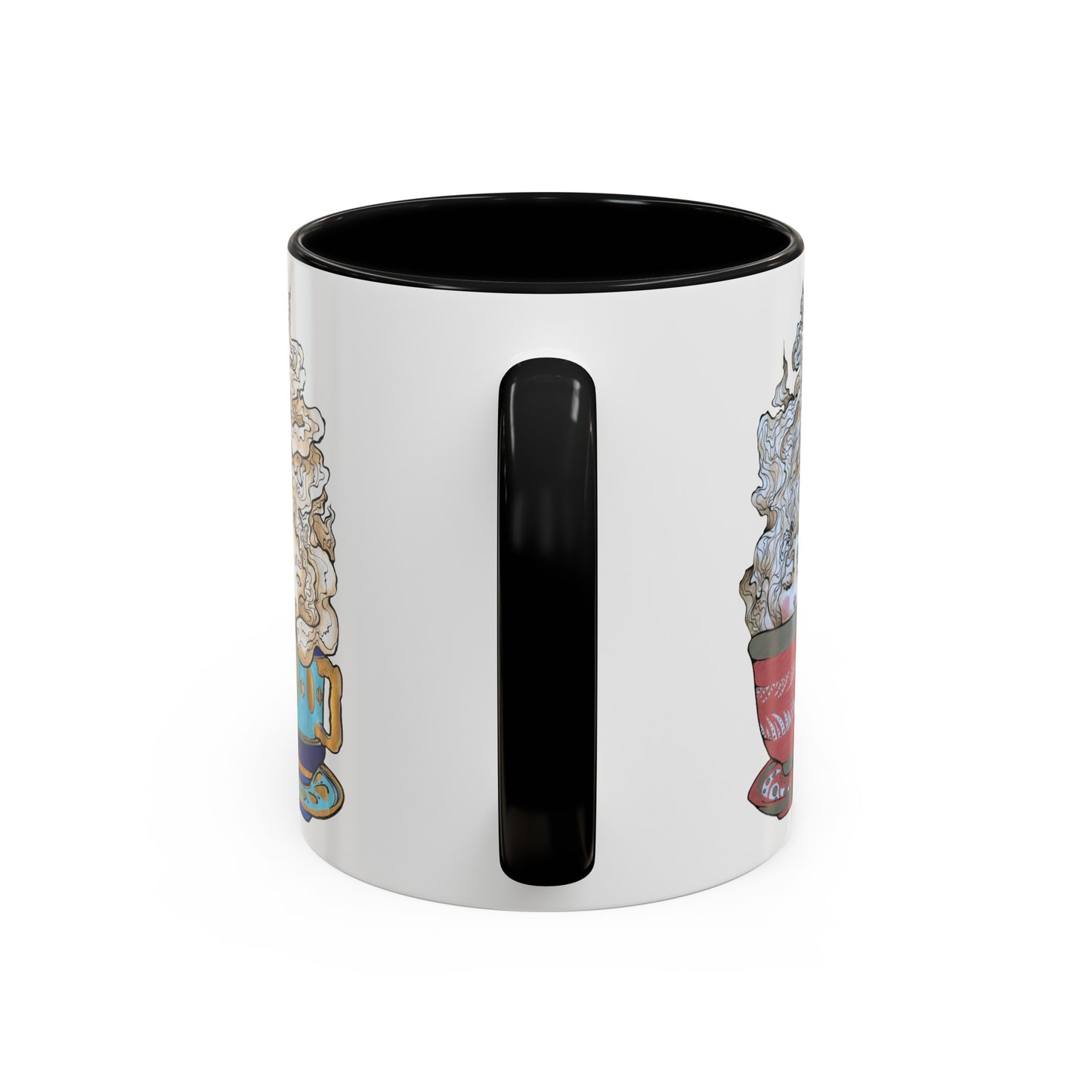 This is the Black 11 oz Three Teas Mug by Chris Foster Design. This is the mug from the front where the handle is. The handle and inside of the mug are both color matched. The cup body is white. There is a bit of illustration from the left and right sides with the teacups and mist. The colors are gold, red, green, teal/aqua and white. The mug is against a white background.