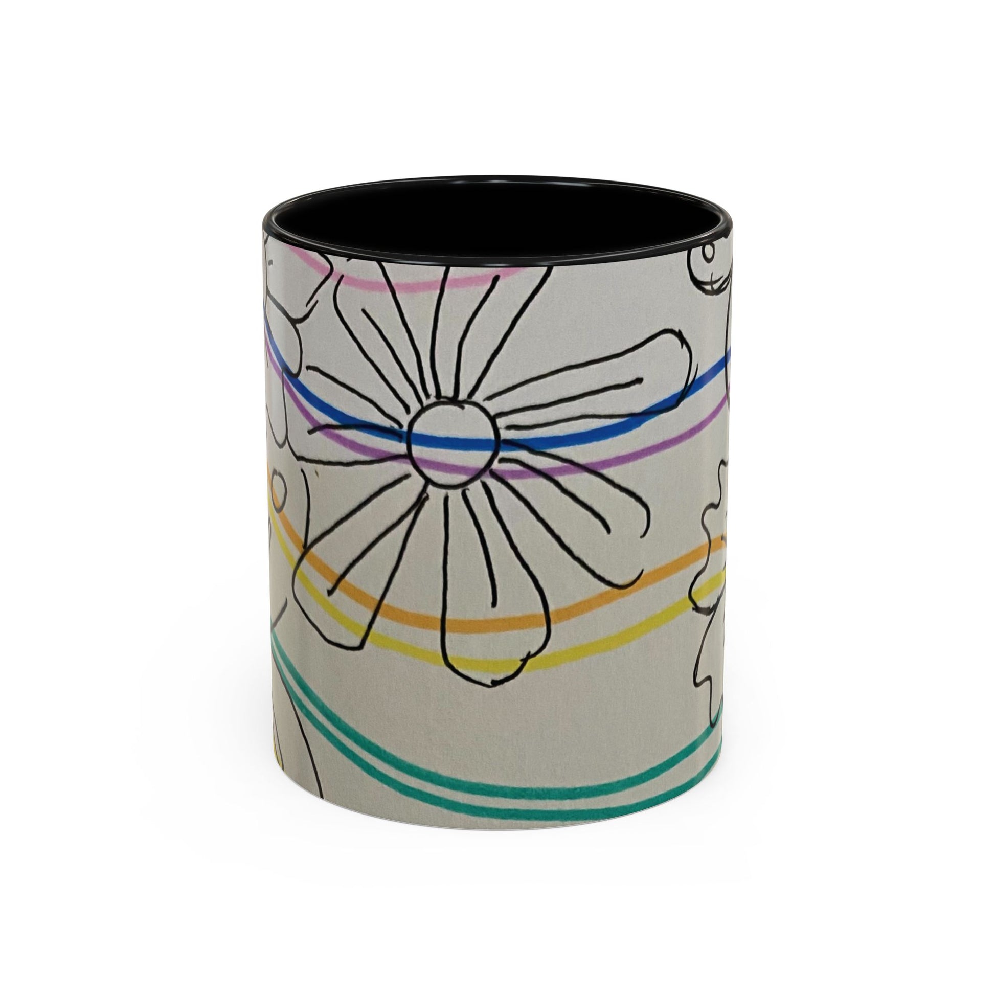 This is the 11oz Black Wavy Flower Accent Mug by Storm Garden Studio. The image showcases view from the front. The handle and inside of mug are color matched. The illustration shows assorted flowers lined in black with waves behind it. There is a gray background to the illustration. There is one flower shown in the image and two flowers barely shown at each side. The colors are red, pink, blue, purple, yellow and green. The image is against a white background.