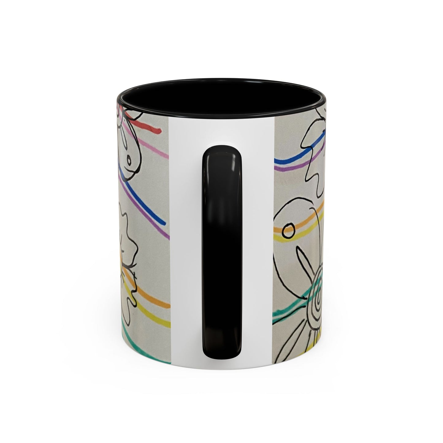 This is the 11oz Black Wavy Flower Accent Mug by Storm Garden Studio. The image showcases view from the handle facing towards us. The handle and inside of mug are color matched. There is a white space where the handle is. To the right and left are small wave patterns on a gray background. The colors are red, pink, blue, purple, yellow and green. The image is against a white background.