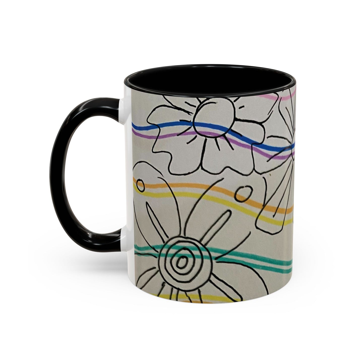 This is the 11oz Black Wavy Flower Accent Mug by Storm Garden Studio. The image showcases view from the handle facing to the left. The handle and inside of mug are color matched. The illustration shows assorted flowers lined in black with waves behind it. There is a gray background to the illustration. There are two and a half flowers shown in the image. The colors are red, pink, blue, purple, yellow and green. The image is against a white background.