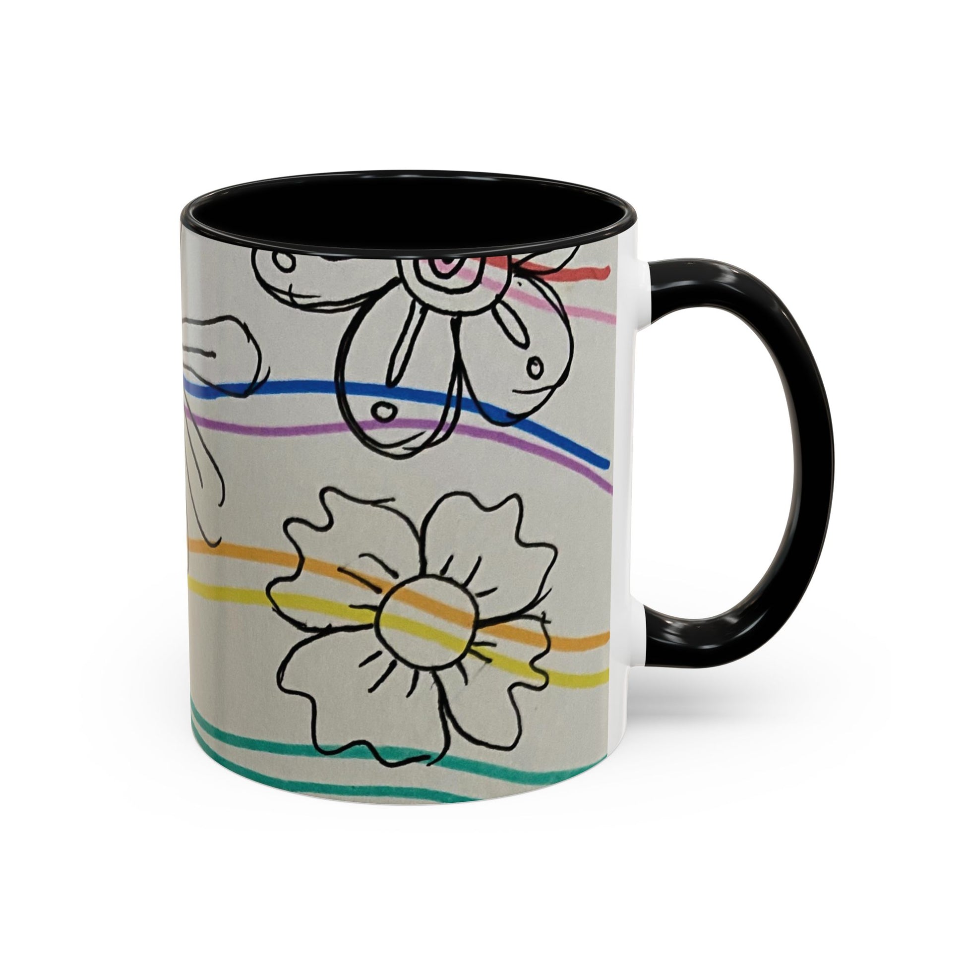 This is the 11oz Black Wavy Flower Accent Mug by Storm Garden Studio. The image showcases view from the handle facing to the right. The handle and inside of mug are color matched. The illustration shows assorted flowers lined in black with waves behind it. There is a gray background to the illustration. There are two flowers shown in the image. The colors are red, pink, blue, purple, yellow and green. The image is against a white background.