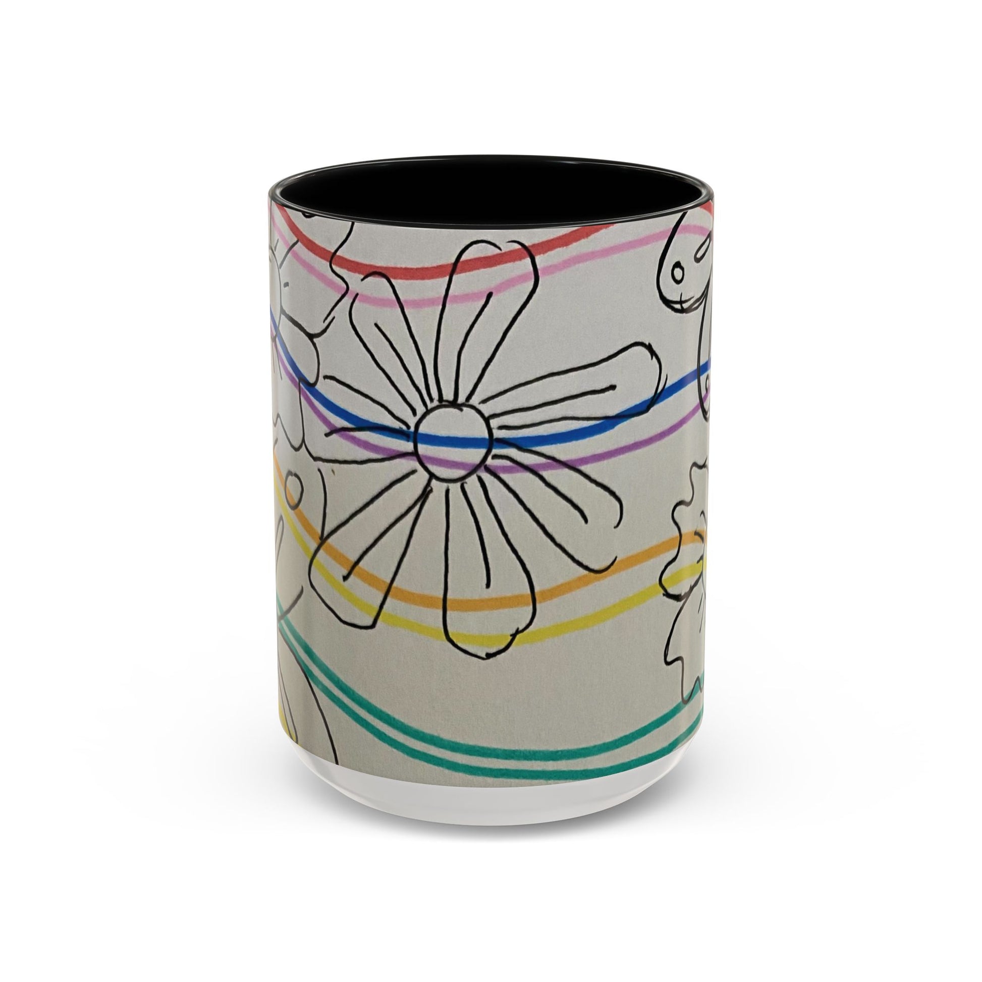 This is the 15oz Black Wavy Flower Accent Mug by Storm Garden Studio. The image showcases view from the front. The handle and inside of mug are color matched. The illustration shows assorted flowers lined in black with waves behind it. There is a gray background to the illustration. There is one flower shown in the image and two flowers barely shown at each side. The colors are red, pink, blue, purple, yellow and green. The image is against a white background.