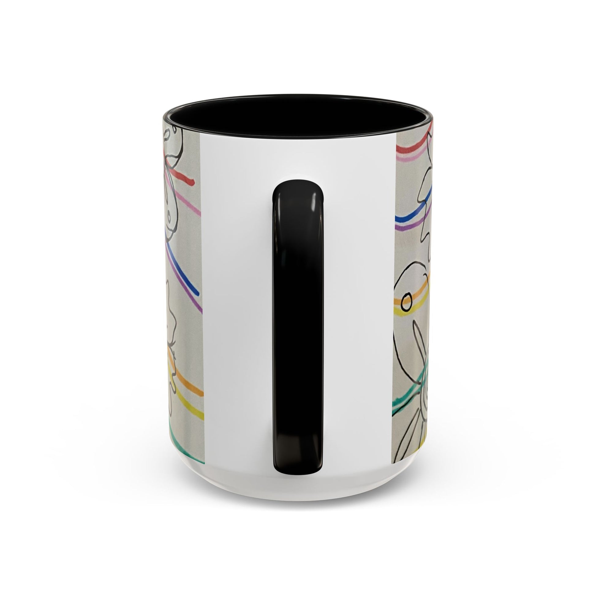 This is the 15oz Black Wavy Flower Accent Mug by Storm Garden Studio. The image showcases view from the handle facing towards us. The handle and inside of mug are color matched. There is a white space where the handle is. To the right and left are small wave patterns on a gray background. The colors are red, pink, blue, purple, yellow and green. The image is against a white background.