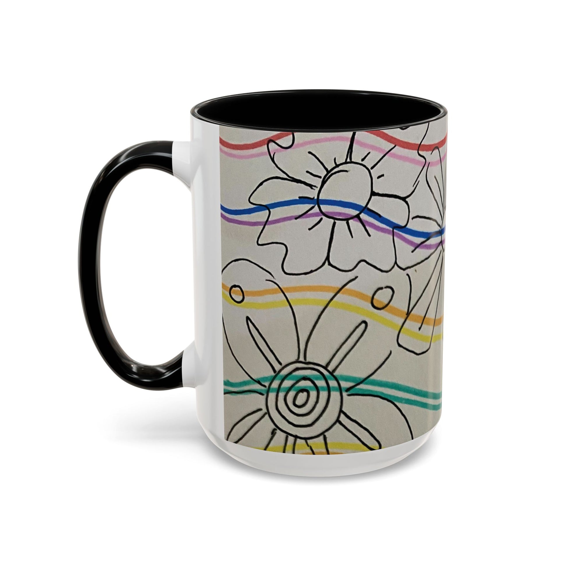 This is the 15oz Black Wavy Flower Accent Mug by Storm Garden Studio. The image showcases view from the handle facing to the left. The handle and inside of mug are color matched. The illustration shows assorted flowers lined in black with waves behind it. There is a gray background to the illustration. There are two and a half flowers shown in the image. The colors are red, pink, blue, purple, yellow and green. The image is against a white background.