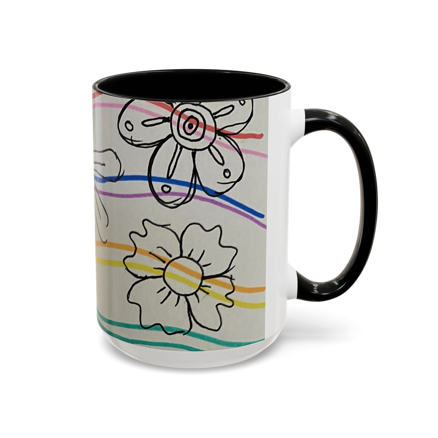 This is the 15oz Black Wavy Flower Accent Mug by Storm Garden Studio. The image showcases view from the handle facing to the right. The handle and inside of mug are color matched. The illustration shows assorted flowers lined in black with waves behind it. There is a gray background to the illustration. There are two flowers shown in the image. The colors are red, pink, blue, purple, yellow and green. The image is against a white background.