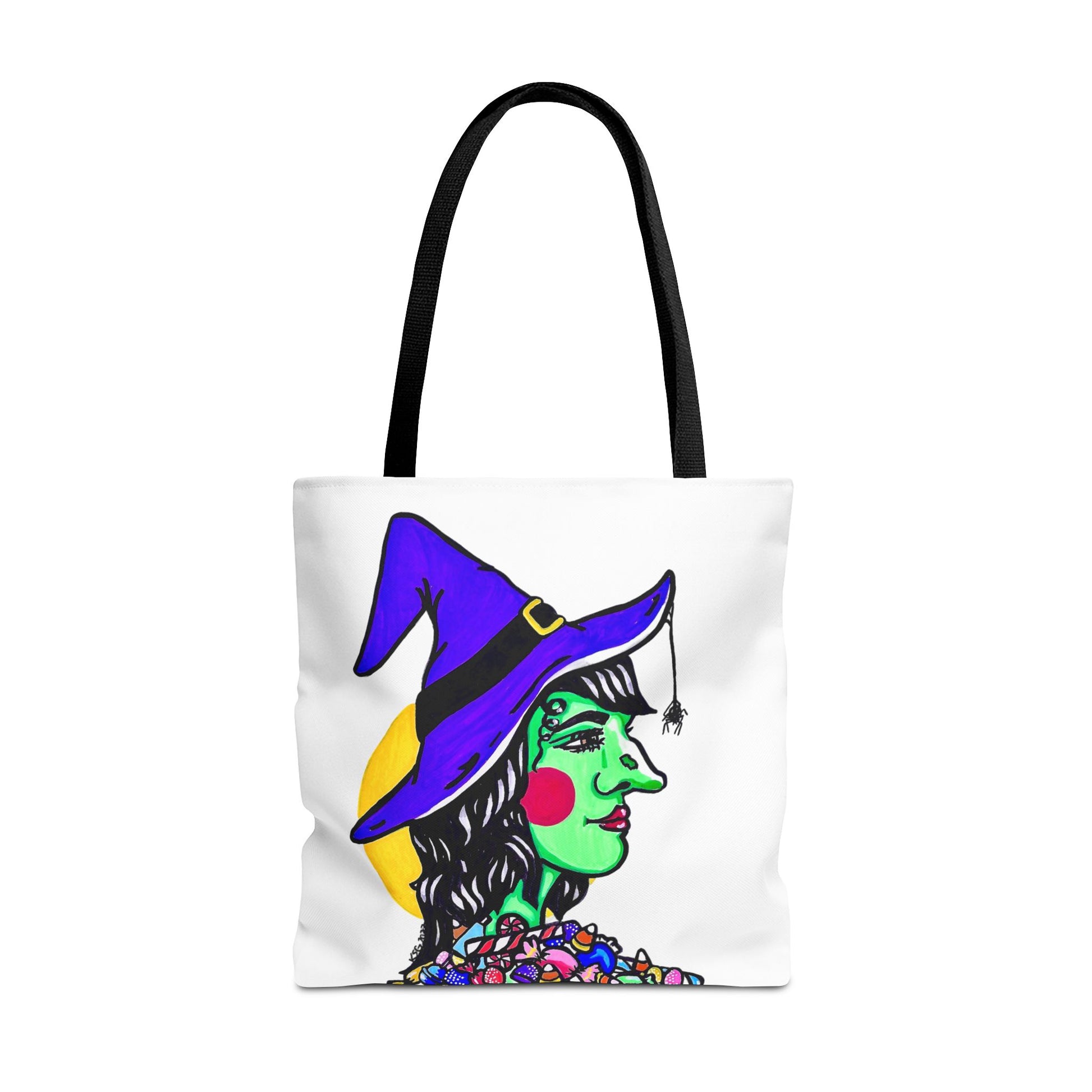 This is the Black 13" x 13" Witch Tote Bag by Storm Garden Studio. The handles are color matched. The tote is all over white except for the illustration. It shows the side profile image of a witch. She is facing the left side. She has a purple witch hat with a black belt, yellow buckle, a spider crawling down the front, red rosy cheeks, red lips and assorted candy under the neck. Behind her is a bright yellow circle past her hair. The tote is against a white background.