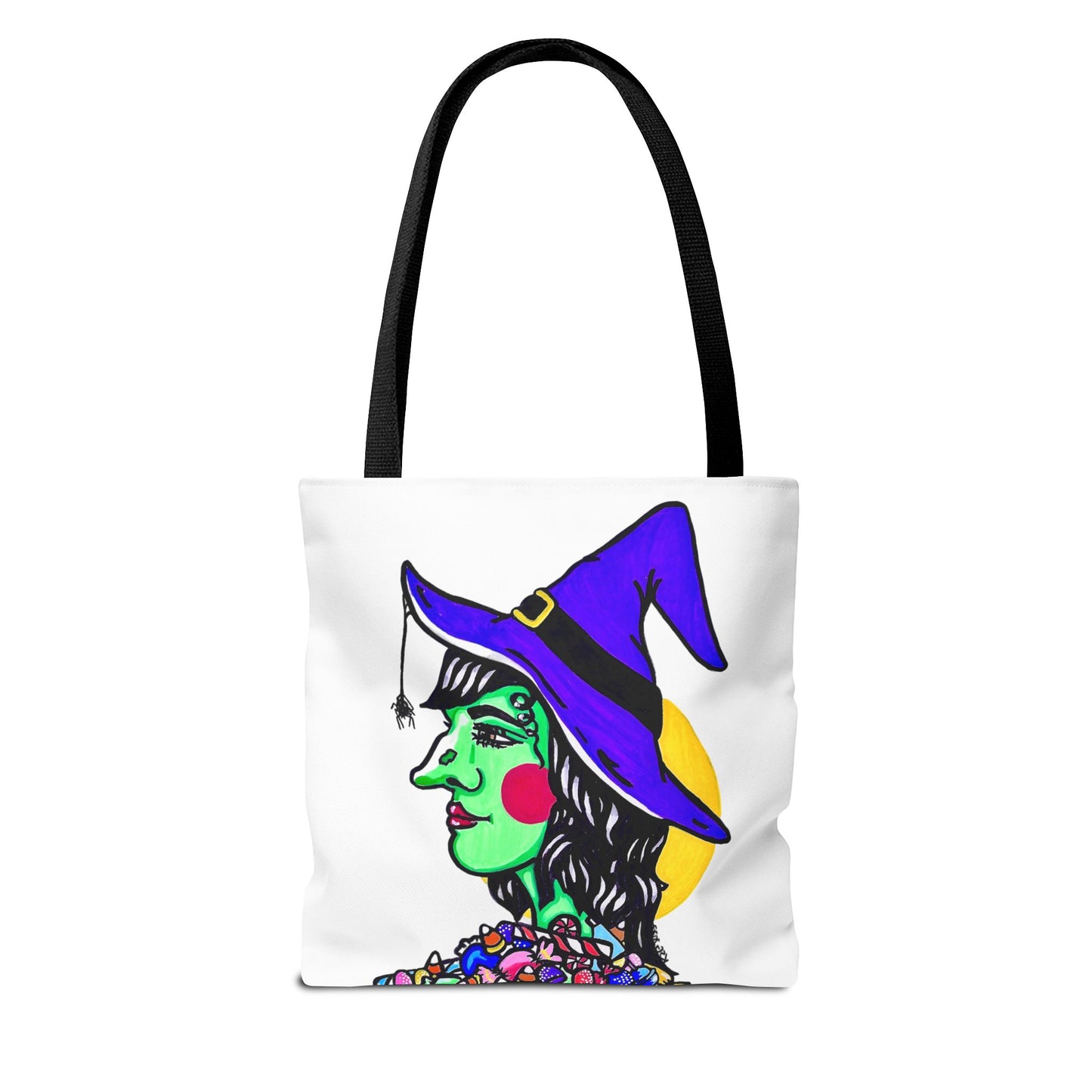 This is the Black 16" x 16" Witch Tote Bag by Storm Garden Studio. The handles are color matched. The tote is all over white except for the illustration. It shows the side profile image of a witch. She is facing the left side. She has a purple witch hat with a black belt, yellow buckle, a spider crawling down the front, red rosy cheeks, red lips and assorted candy under the neck. Behind her is a bright yellow circle past her hair. The tote is against a white background.