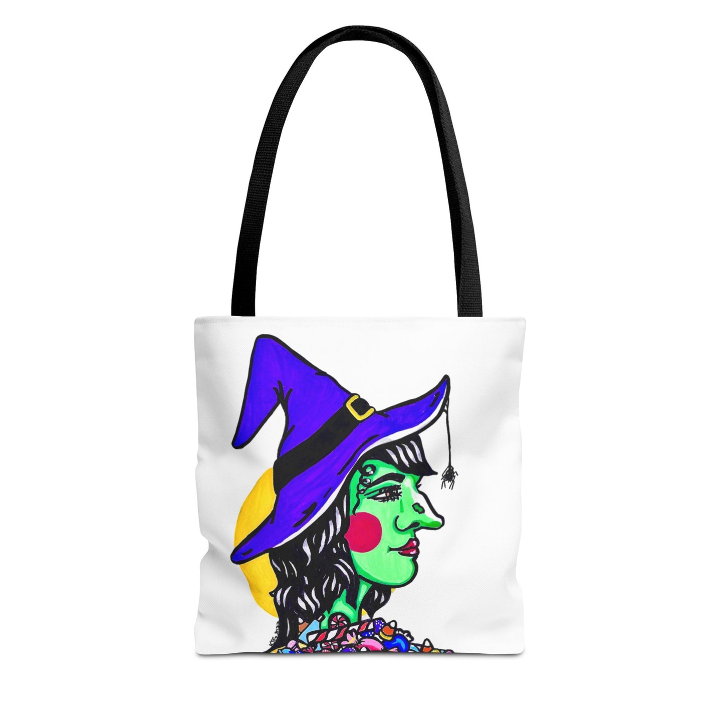 This is the Black 16" x 16" Witch Tote Bag by Storm Garden Studio. The handles are color matched. The tote is all over white except for the illustration. It shows the side profile image of a witch. She is facing the right side. She has a purple witch hat with a black belt, yellow buckle, a spider crawling down the front, red rosy cheeks, red lips and assorted candy under the neck. Behind her is a bright yellow circle past her hair. The tote is against a white background.