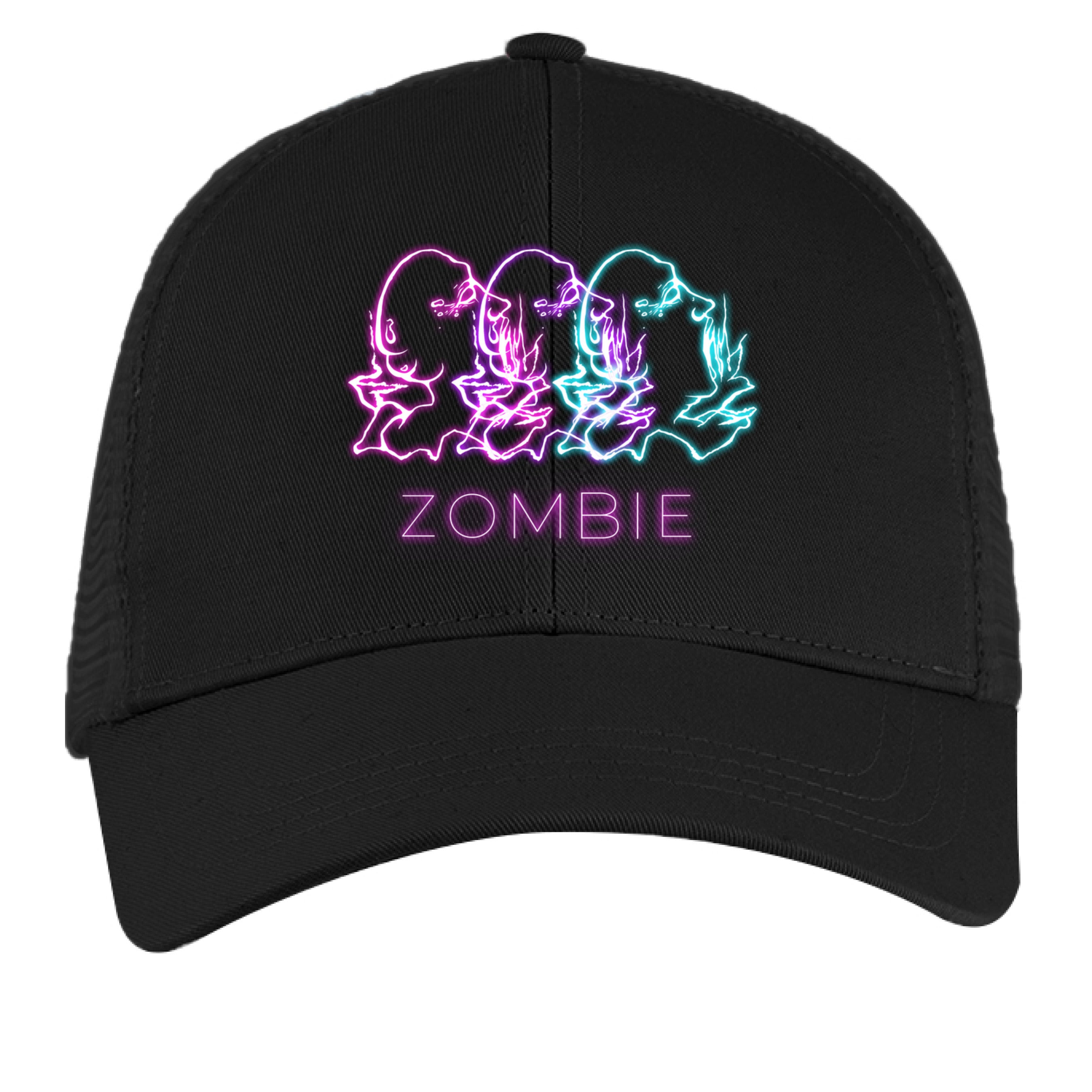 Zombie-themed black cotton cap with distressed fabric, adjustable strap, and embroidered green zombie face, by The Art