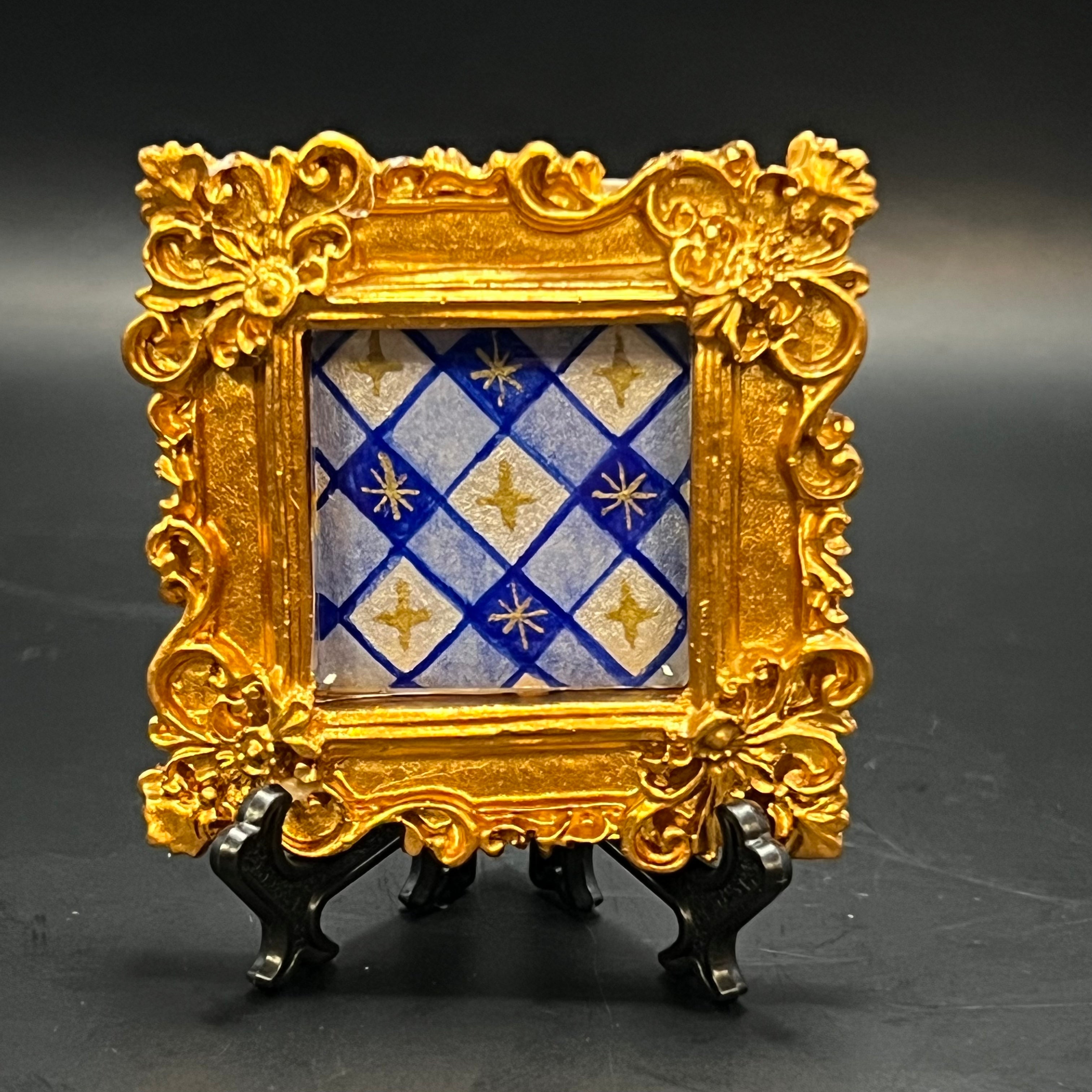 CFD Blue Plaid Stars miniature painting in acrylic on canvas, 4x4 inches, framed by The Art Collective International, artist