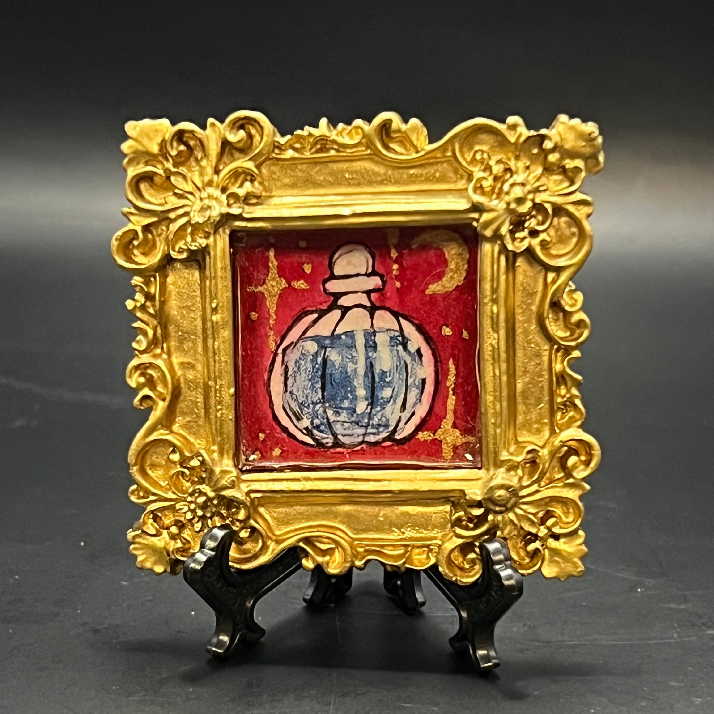 CFD Blue Potion mini painting by Chris Foster, Fragment of Wonder series, acrylic on canvas, 3x3 inches, framed by The Art