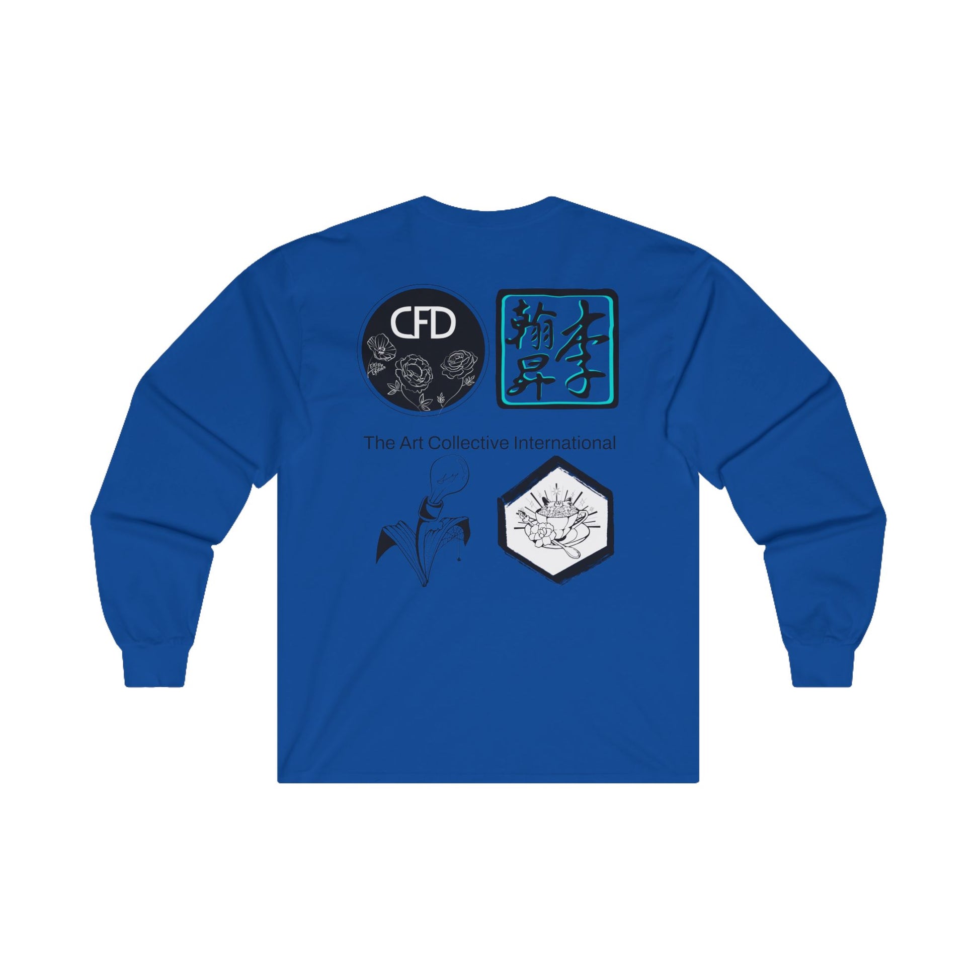 Back of the blue long sleeve with ACI and the four studios' logos.