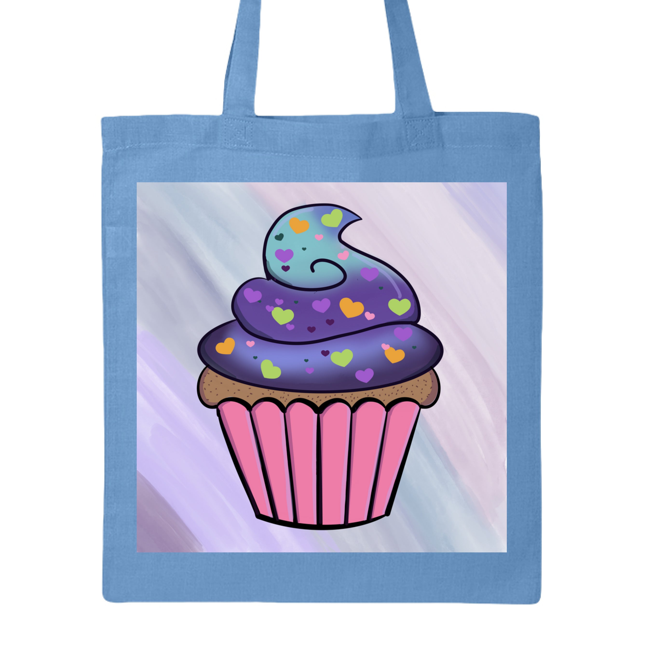 Close-up of the colorful cosmic cupcake design printed on the tote's front fabric, highlighting vibrant galaxy-themed