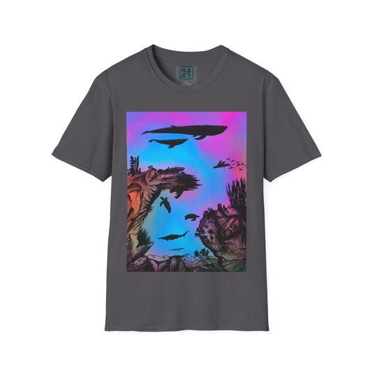 This is the Charcoal Into the Abyss V-Neck Tee by Lee Hansheng Studios. This shows the front of the shirt. The illustration is underwater seascape with aquatic plants on a marbled background. There are two blue whales, 1 goblin shark, school of eagle rays, two sea turtles and a school of fish. On the bottom right corner is the studio's logo printed in black outlined in blue. The inside of the shirt has a gray label with the studio logo and the size label underneath printed in white.